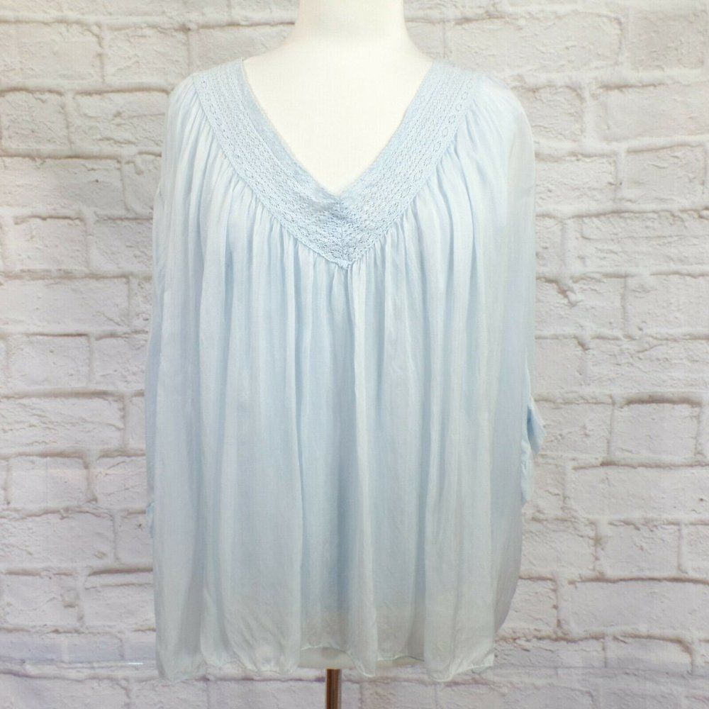 GYPSY ROSE Crochet Trim Flowy Blouse Bohemian Hippie Blue Sz. One Size